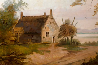 Tweede achterkamer achteraan, vergaderzaal, muurschilderingen met landelijke scènes in klassieke stijl, waarschijnlijk rond 1810, scène 7