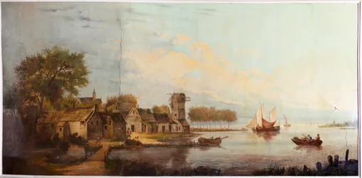 Tweede achterkamer achteraan, vergaderzaal, muurschilderingen met landelijke scènes in klassieke stijl, waarschijnlijk rond 1810, scène 3