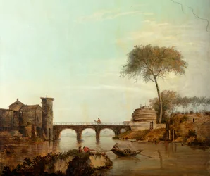 Tweede achterkamer achteraan, vergaderzaal, muurschilderingen met landelijke scènes in klassieke stijl, waarschijnlijk rond 1810, scène 2