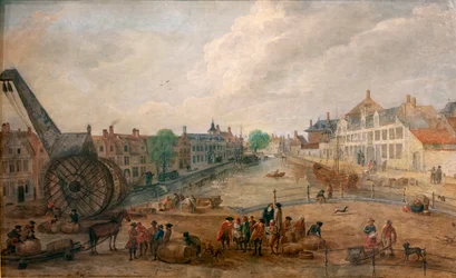 Zicht op Gent Lievekaai en Augustijnenkaai met een houten kraan, kopie van een 18e-eeuws schilderij van Engelbert van Siclers