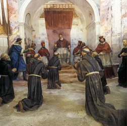 Sint Franciscus van Assisi en de Franciscaanse gemeenschap ontvangen de goedkeuring van de eerste regel door Paus Innocentius III (1160-1216) in 1210