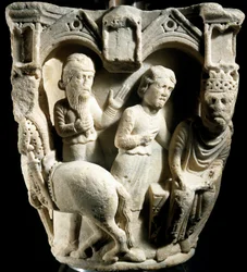 Salomo en de koningin van Sheba, kapiteelreliëf, Parma-kathedraal, Italië