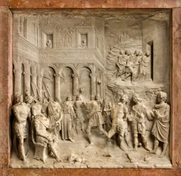 Crypte, Ark van de Heiligen Marcellinus en Peter Exorcist, Benedetto Briosco 1506-08, Santi Mercellino en Peter voor de rechter