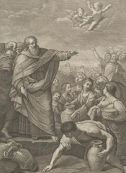 Mozes links met de Israëlieten die manna verzamelen terwijl het uit de lucht valt, twee engelen erboven, 1776