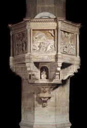 Marmeren preekstoel met verhaal van Sint Franciscus