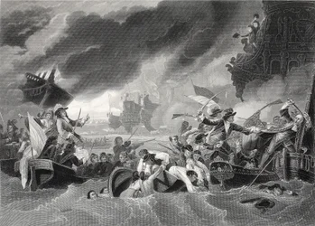 Slag bij La Hogue, gegraveerd door W. French