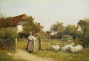 Jong Meisje met Schapen bij een Huisje