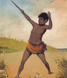 Jack, een Tasmaanse Aboriginal, met een knuppel