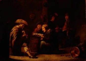 Taveerne interieur met twee zangers en een doedelzakspeler