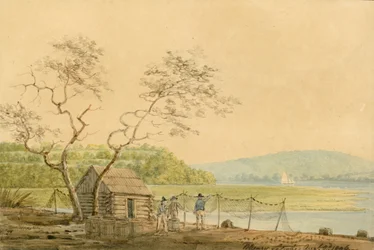 Uitzicht vanaf de Packet Wharf in Frenchtown, kijkend naar beneden Elk Creek, 1806