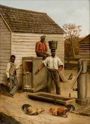 Hanengevecht op het boerenerf, 1860