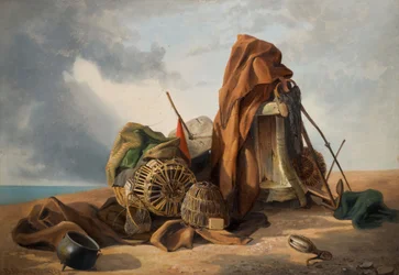 Stilleven met strandtafereel, 1858.