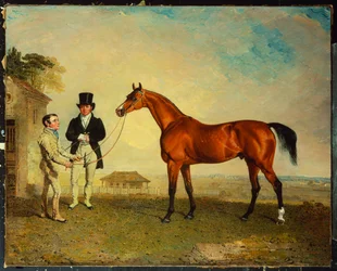 "Skiff", een bruin Renpaard vastgehouden door een Knecht op Newmarket Heath, met John Howe, de eigenaar van de Stallen, aan zijn zijde, 1829