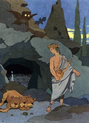 Orpheus en zijn lier brengen Cerberus, de hond met drie hoofden, in slaap