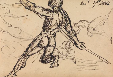 Figuurstudies van een naakte man met speer