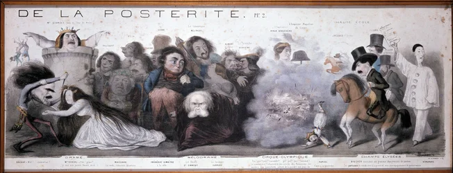 Le grand chemin de la postérité: voorstelling van tragedie en komedie (Dorval, etc...) - Lithografie door Benjamin Roubaud, Maison de Balzac, Parijs