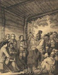 De Indianen Geven een Toespraak aan Kolonel Bouquet in een Conferentie bij een Raadsvuur Nabij zijn Kamp aan de Oevers van de Muskingum in Amerika, in Oktober 1764, 1765