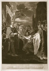 Willem I ontvangt de kroon van Engeland, gegraveerd door George Noble, illustratie uit David Hume