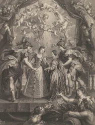 Plaat 17: De uitwisseling van de twee prinsessen in Hendaye, allegorische scène met Anne van..., 1707-10