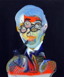 50 grote schrijvers uit de geschiedenis : Jean-Paul Sartre, 2015 (olieverf en acryl op doek)