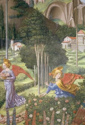 Engel die bloemen verzamelt in een hemels landschap, detail van de Reis van de Wijzen cyclus in de kapel, ca. 1460 (detail)