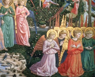 Engelen in een hemels landschap, de linkerwand van de apsis, uit de cyclus van de Reis van de Wijzen in de kapel (detail)