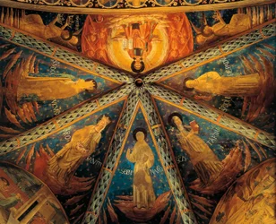 Italië, Montefalco, Gewelf van apsis van de kerk van Sint Franciscus geschilderd met heiligen