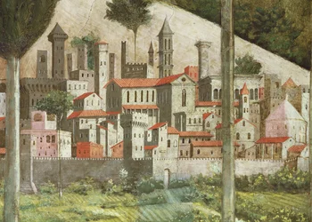 Middeleeuwse stad, detail van de Reis van de Wijzen cyclus in de kapel, ca. 1460 (detail)