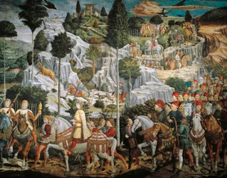 Optocht van de Drie Koningen naar Bethlehem, door Benozzo Gozzoli (1420-1497), fresco, tempera en olieverf op muur, kapel van Palazzo Medici Riccardi, Florence