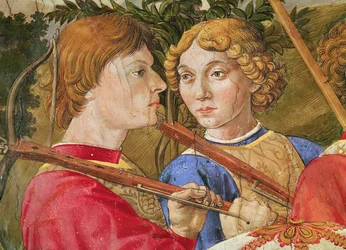 Optocht van de Wijzen, optocht geleid door Lorenzo de Prachtige in de gedaante van de magiër Caspar, detail van de hoofden van twee kruisboogschutters, 1459-1462