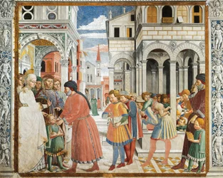 Sint Augustinus door zijn ouders naar de grammaticale leraar in Tagaste gebracht, fresco, Kerk van Sint Augustinus, San Gimignano