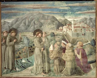 St. Franciscus predikt tot de vogels en zegent Montefalco, 1452