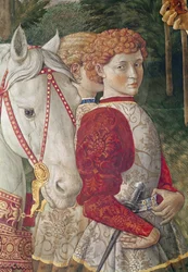 Twee bedienden in livrei en het hoofd van het paard van Lorenzo de Magnifieke, detail van de Reis van de Wijzen cyclus in de kapel, ca. 1460 (detail)