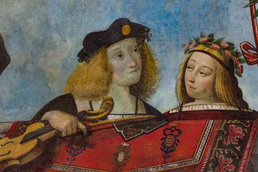 Heer met een muziekinstrument en een dame, detail, gewelf van de Schatkamer (fresco) (detail)