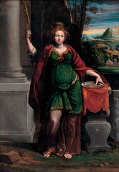 Sint-Lucia van Syracuse (begin 4e eeuw) met een dienblad met twee ogen - Schilderij van Benvenuto Tisi da Garofalo (Il Garofalo) (1481-1559), 63 x 44 cm