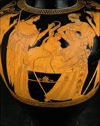 De jonge Herakles vecht tegen twee slangen die door Zeus