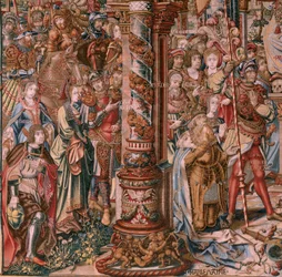Vlaamse wandtapijt. Serie De Eerbewijzen. Geloof. Eerste wandtapijt in de serie. Model Cartonisten uit de kring van Bernard van Orley en Jan Gossaert (Mabuse). Manufacture Pieter van Aelst, Brussel. Ca 1550.