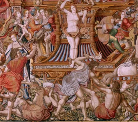 Vlaamse wandtapijt. Serie De Eerbewijzen. Schande. Zesde wandtapijt in de serie. Model Cartonisten uit de kring van Bernard van Orley en Jan Gossaert (Mabuse). Manufacture Pieter van Aelst, Brussel. Ca 1550.