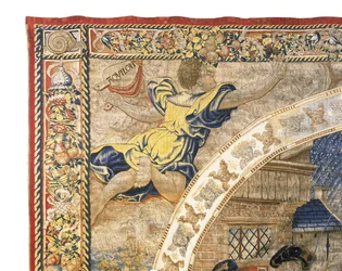 Brusselse allegorische wandtapijt die de maand december uit "De Medaillon Maanden" afbeeldt, ca. 1525