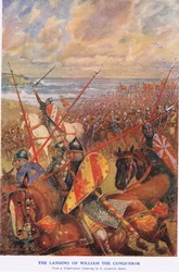 De landing van Willem de Veroveraar (kleurenlitho)