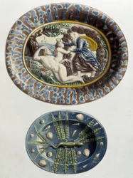 God creëert Eva uit Adams dij; Hagedis - Keramische schotels, in "The work of Bernard Palissy" door C. Delange en C. Borneman, Parijs