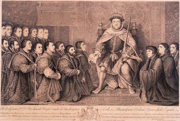 Koning Hendrik VIII omringd door knielende figuren
