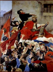 De apotheose van de schurk of de triomf van Robert Macaire. Robert Macaire is een denkbeeldig figuur die de bandiet en gewetenloze zakenman symboliseert. Hij is een kroonvertegenwoordiger en wordt toegejuicht door de menigte. Schilderij door Maurice Boutet