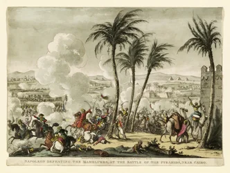 Napoleon verslaat de Mamelukken bij de Slag bij de Piramides, nabij Caïro, gegraveerd door George Cruikshank
