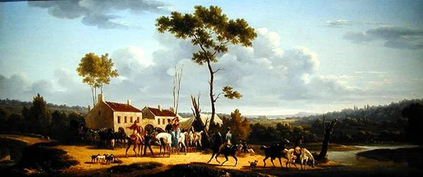 Reizigers te paard in een landschap