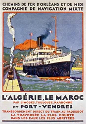 Reclameposter voor Franse spoorlijn naar Algerije en Marokko vanuit Frankrijk via Limoges Toulouse Narbonne en Port Vendres ca 1900