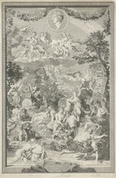 Allegorische titelpagina met verschillende scènes uit de metamorfosen van Ovidius en diens portret