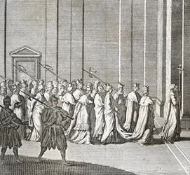 Verschillende stadia van het conclaaf, bijeenkomst van kardinalen voor de verkiezing van een nieuwe paus: de ingang van de kardinalen in de Sixtijnse kapel (Vaticaan: ingang van de kardinalen) Gravure uit "Illustratie van ceremonies en religieuze gebruiken