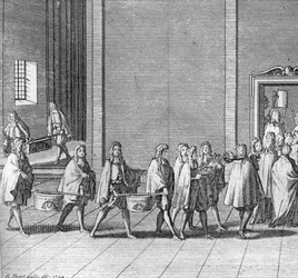 Verschillende stadia van het conclaaf, bijeenkomst van de kardinalen voor de verkiezing van een nieuwe paus: de rantsoenen worden gemaakt tijdens het conclaaf (Vaticaan: aankomst van voedsel tijdens het conclaaf) Gravure uit Illustratie van religieuze cere