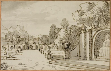 Formele tuin met fontein op de voorgrond